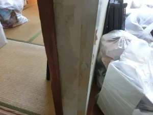枠横の小壁が猫に爪研ぎされ下地（石膏ボード）までえぐれている状態