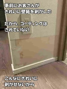 子犬にほじられた部分をお客さんがきれいに壁紙を剥がしてある