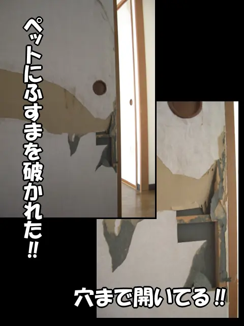 ペットに破かれたふすま。穴まで開いています。